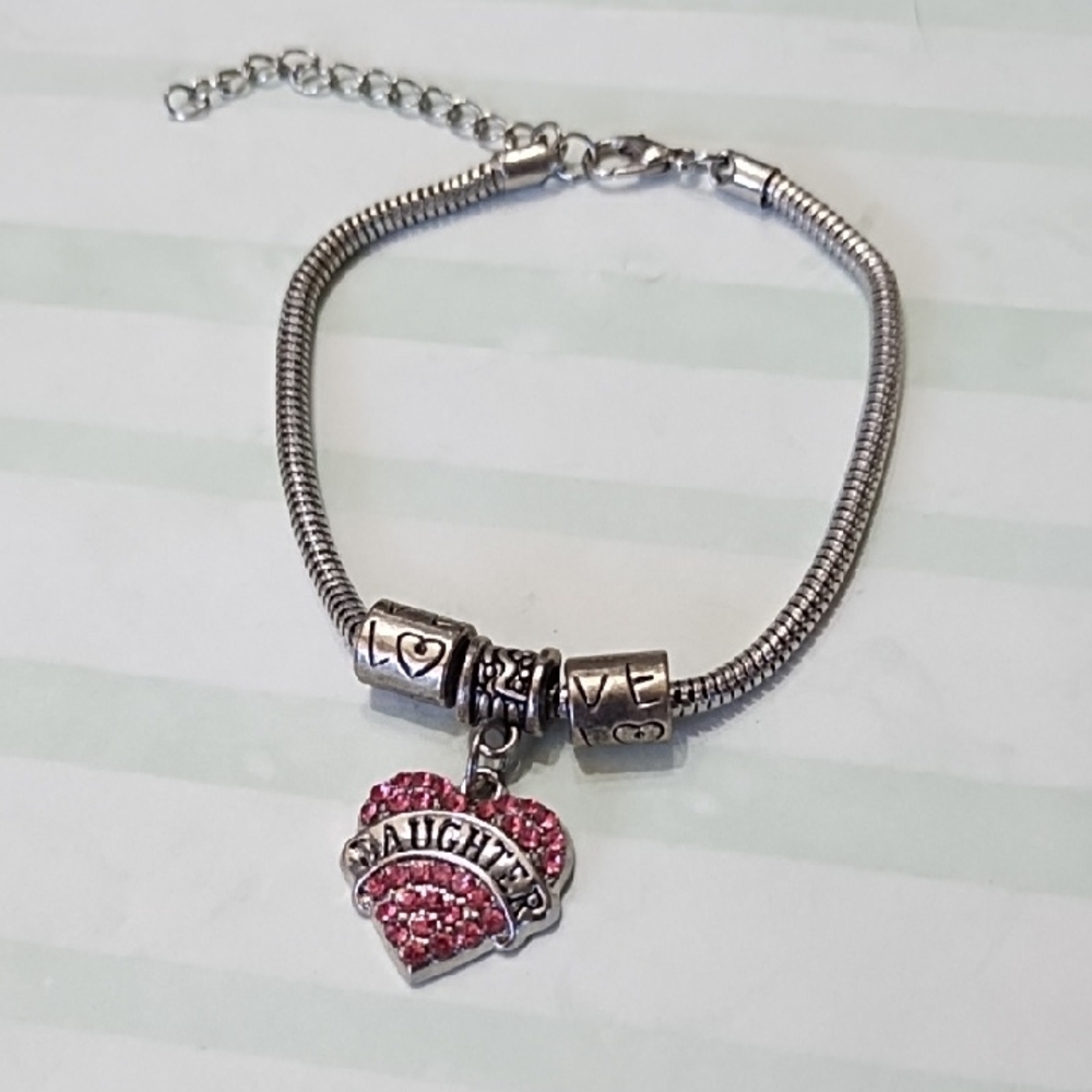 Sentimental Silver Tone Metal and Pink Heart Charm Bracelet "Daughter"